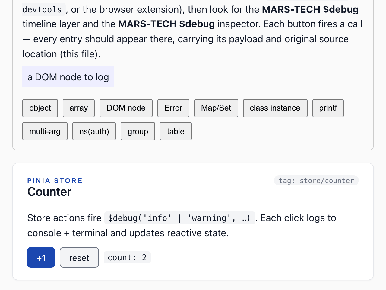 Demo Vue app, Home page scrolled down: the end of a Vue DevTools smoke-test card with one button per payload type, then the Pinia counter card showing count: 2 after two clicks on +1.