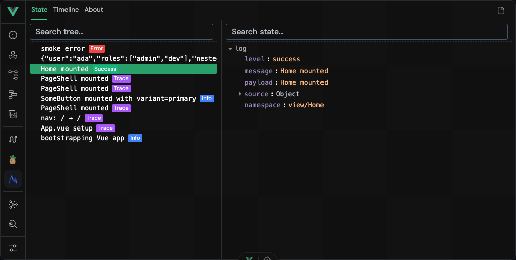 MARS-TECH inspector: calls listed with level badges; the selected call has level success and namespace view/Home.