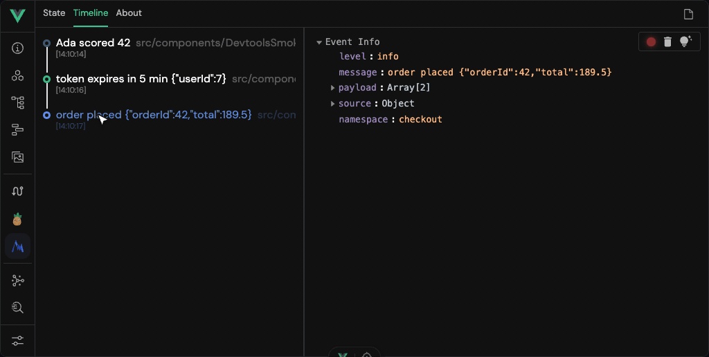 The same timeline with the last call selected: level info, namespace checkout.