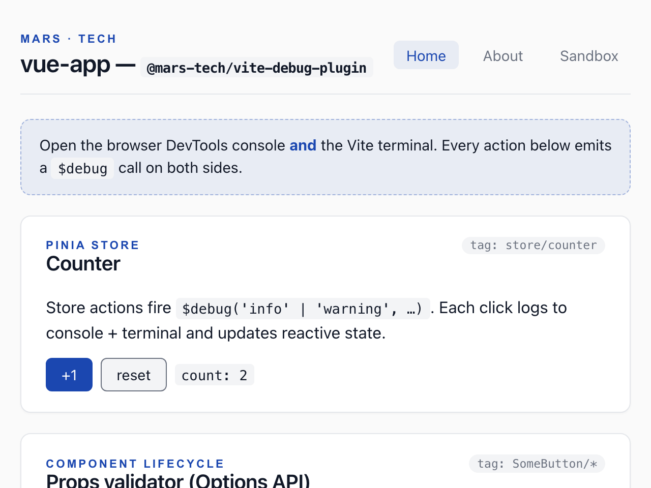 Demo Vue app, Home page: the header with its three navigation links, a banner inviting you to open the browser console and the Vite terminal, then the Pinia counter card showing count: 2 after two clicks on +1.